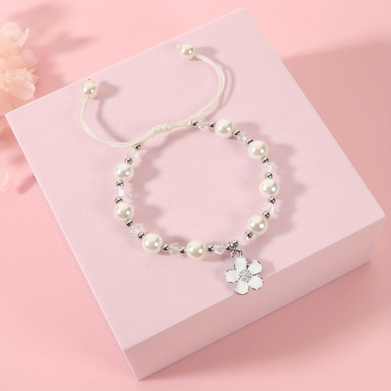 Elegant Floral Bracelet - Adjustable Handmade Acrylic Wedding Gift for Flower, Pink & White Beads with Sparkling Accents, Perfect for Weddings & Special Occasions, Cute Bracelet