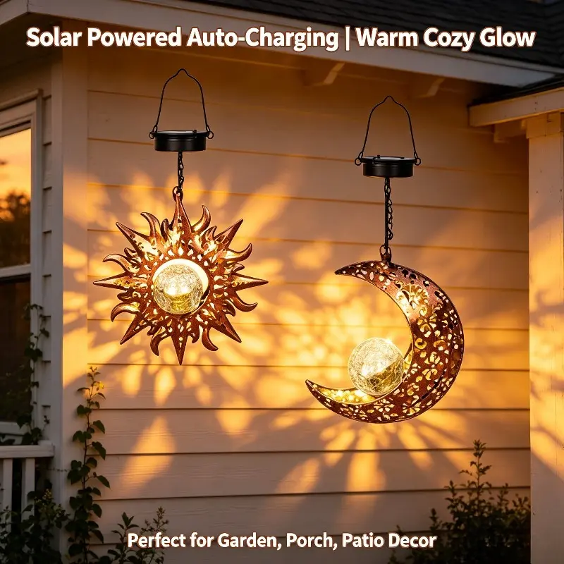 Solar Hanging Lantern - Decorative Hollow Metal Outdoor Lamp, Sun-Moon Shape, Warm Soft Projection Lighting, Hanging Ornament for Lawn, Courtyard, Holiday Party Decor homedecor