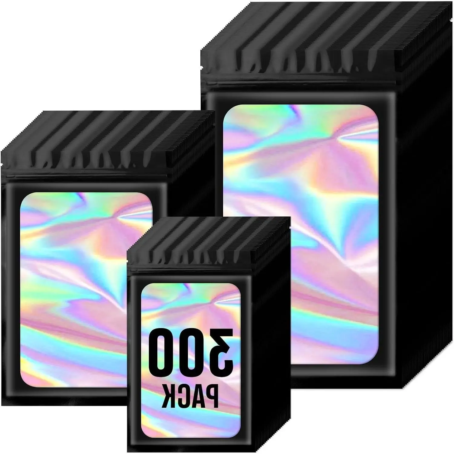 300 Pack 3 Size Holographic Mylar Bags with Clear Window, Black
