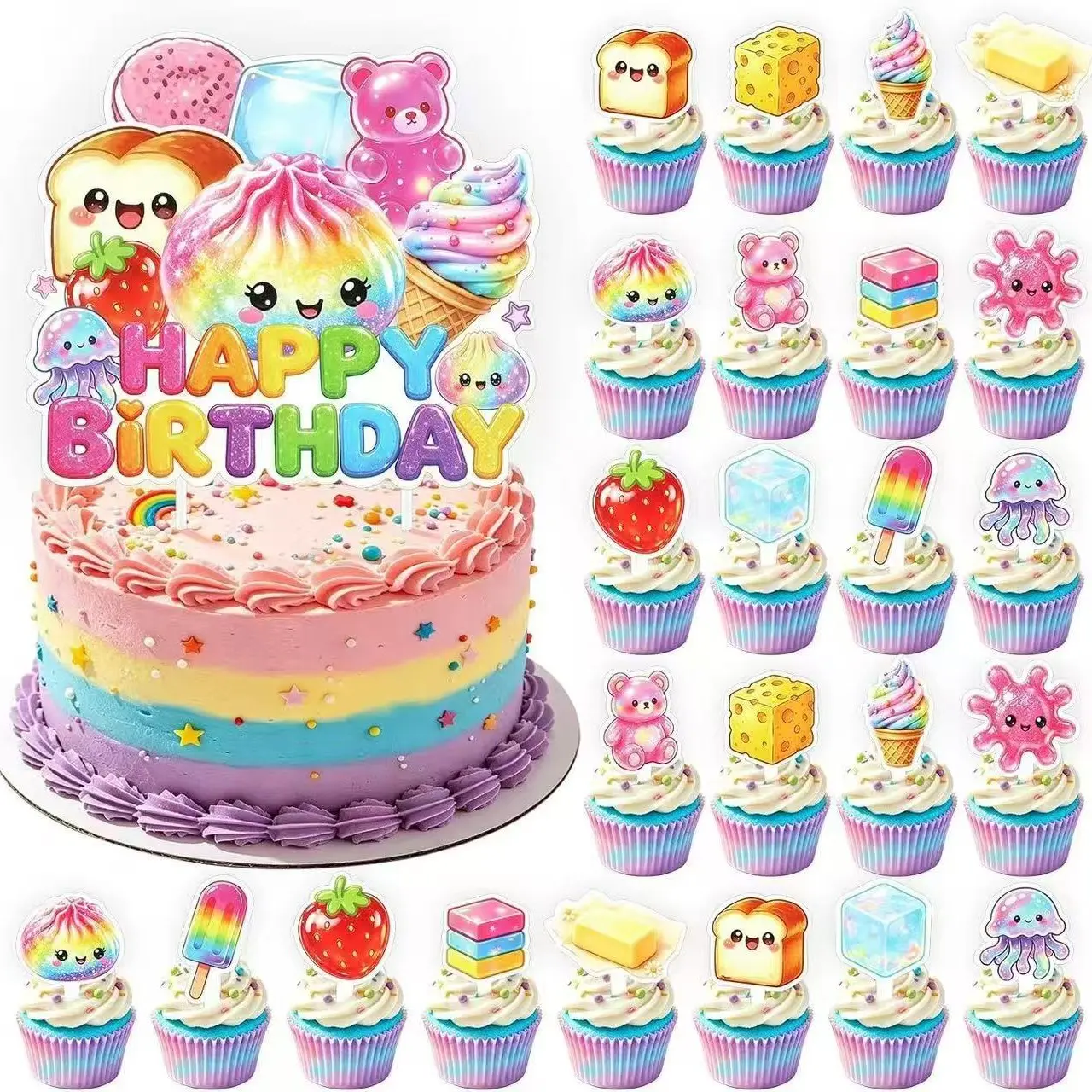 Cute Squishy Theme Cake Topper Set, 1 Large Happy Birthday Cake Topper +24 Cupcake Toppers, Colorful Kawaii Dessert Decor, Birthday Cake Decorations for Kids Birthday Party