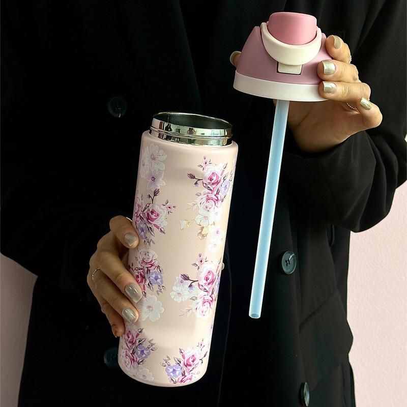 Floral Pattern Vacuum Flask, 1 Count Portable Water Bottle with Straw, Drinking Cup for Home Office School Outdoor Camping, Tumbler with Lid, Drinkware