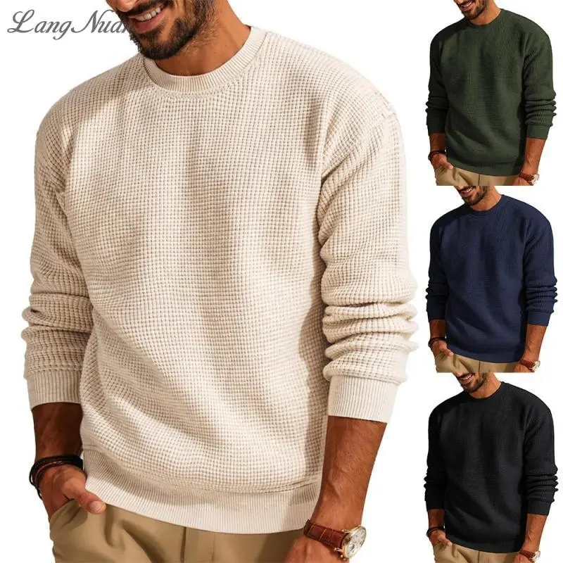 Mens Waffle Sweater Solid Color Round Neck Pullover Knit Casual Comfort Top