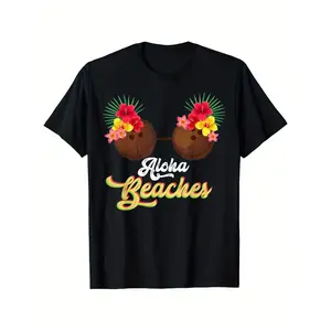 Men's & Women's Hawaiian T-Shirt with Coconut Bra Print & Hibiscus Flower Bikini Top Suitable for Beach Parties, Summer Vacation Shirts, Casual Aloha Outfits, Machine Washable, S-XXXL Hawaiian Party ApparelStreetwear Menswear Basic Print Soft
