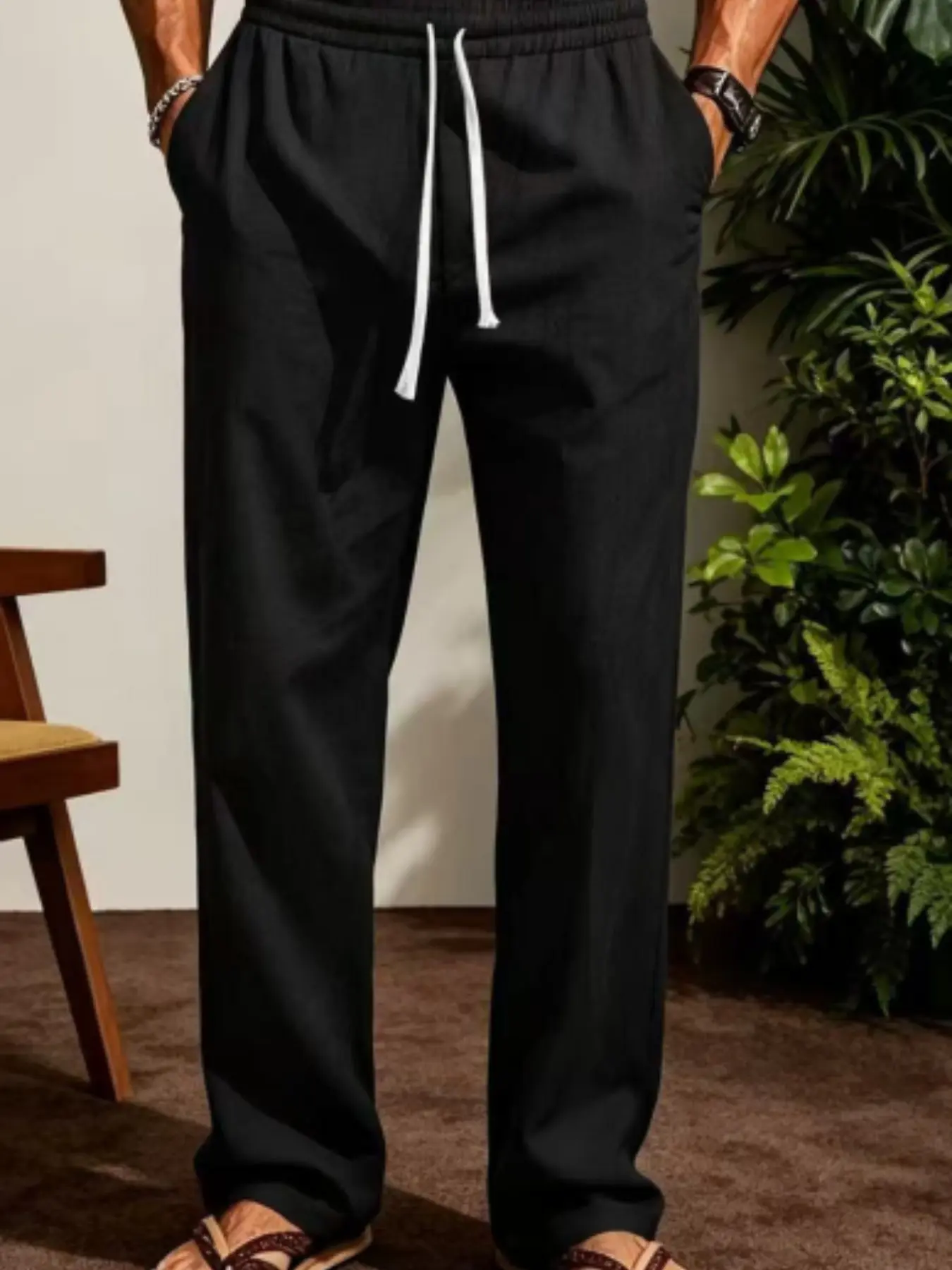 Men's Summer Linen Casual Long Pants, Sweat-Wicking Breathable, Vintage Solid Color Wide Leg Beach Pants, Comfortable Lightweight Jogging Pants