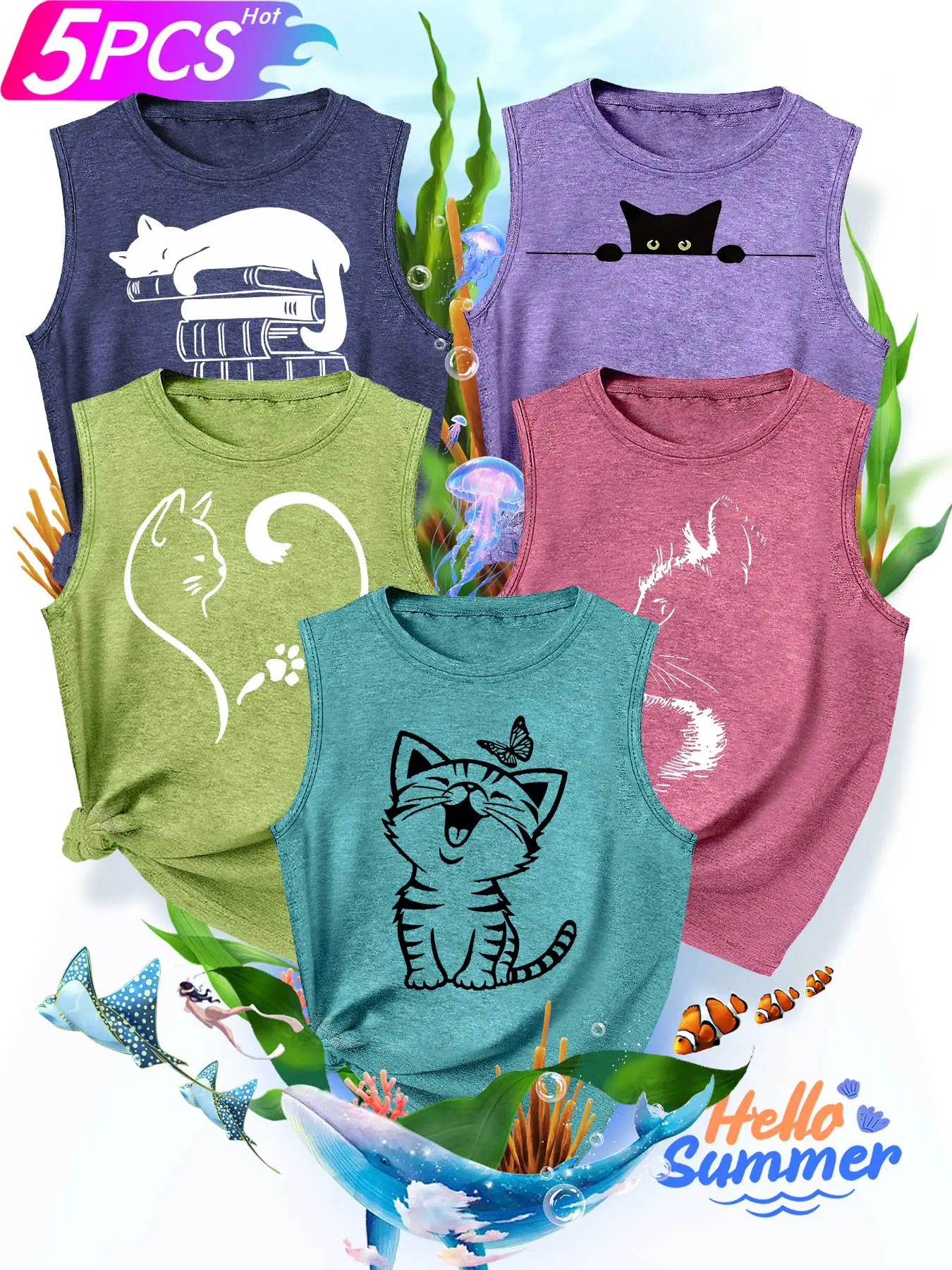 5Pcs Women Crew Tank Lightweight Sleeveless, Heart Paw Cat Minimal Healing Sketch Print, multi-color washable loose vest