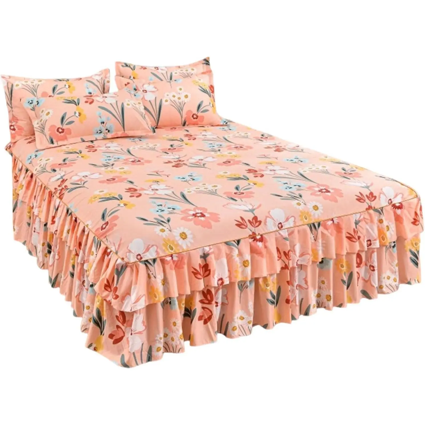 3-Piece Ruffled Bed Skirt Set with Floral Print, Floral Ruffled Bed Skirt 3-Piece Set, Soft Bedding Set with Pillowcase, Elegant Bed Sheet Set for Bedroom Decor (Pink, 79*87 inches)
