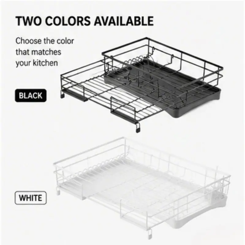 Expandable Dish Drying Rack, Adjustable 42-54cm Single Tier Dish Rack with Utensil Holder and Drip Tray, Rustproof Metal Kitchen Countertop Dish Organizer for Plates Bowls Cups, Black/White
