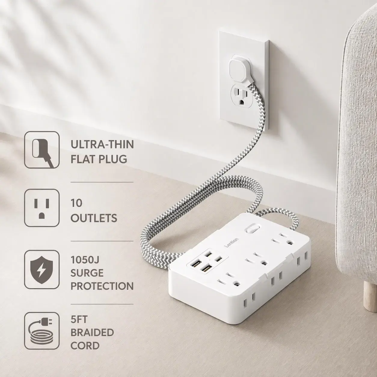Flat Plug Surge Protector Multifunctional Power Strip, 5 ft Braided Flat Extension Cord with Multiple Outlets and 4 USB Ports, Compact Desk or Wall-Mount Charging Station for Office, School and Dorm, Power Socket Extender #GLOBAL PICKS