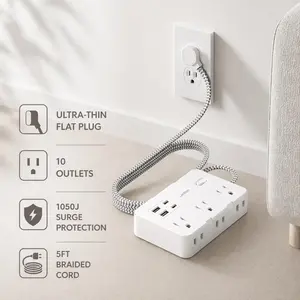 Flat Plug Surge Protector Multifunctional Power Strip, 5 ft Braided Flat Extension Cord with Multiple Outlets and 4 USB Ports, Compact Desk or Wall-Mount Charging Station for Office, School and Dorm, Power Socket Extender #GLOBAL PICKS