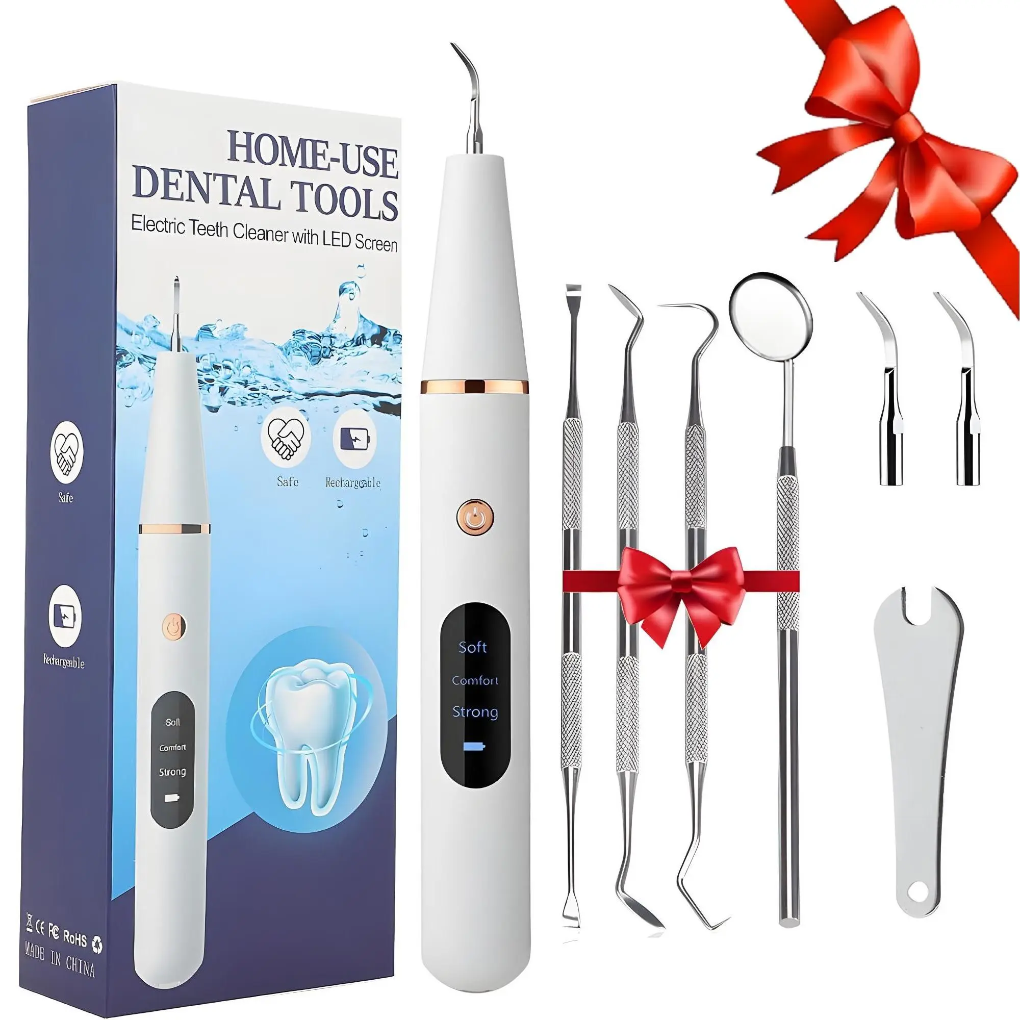 Portable Electric Dental Cleaner Set - Ultrasonic Teeth Scaler for Plaque and Tartar Removal, 3Modes with LED Light, Rechargeable Teeth Cleaning Kit including 4 Dental Tools & 2 ReplaceableHeads, Ideal Holiday Gift.