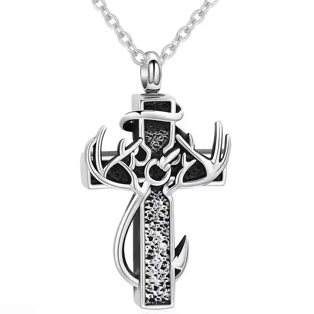 Unisex Classic Stainless Steel Antler Cross Urn Pendant Charm - Integrated Ashes Holder Keepsake Jewelry for Human Loved Ones, Bag Accessory