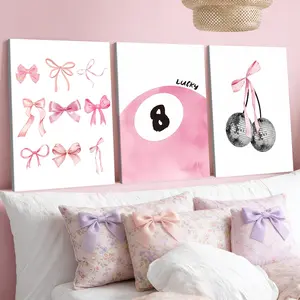 3-Pack Wood Frame Canvas Art, Sweet Girl Style Bow Cherry Poster, Modern Living Room Decor, Waterproof, No Odor, Office & Bedroom Decoration