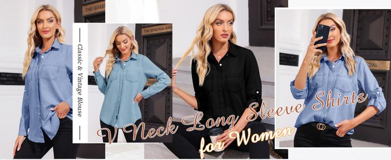 FMEYOA Women's Button Down Denim Shirt Casual Collared Long Sleeve Pocket Blouses