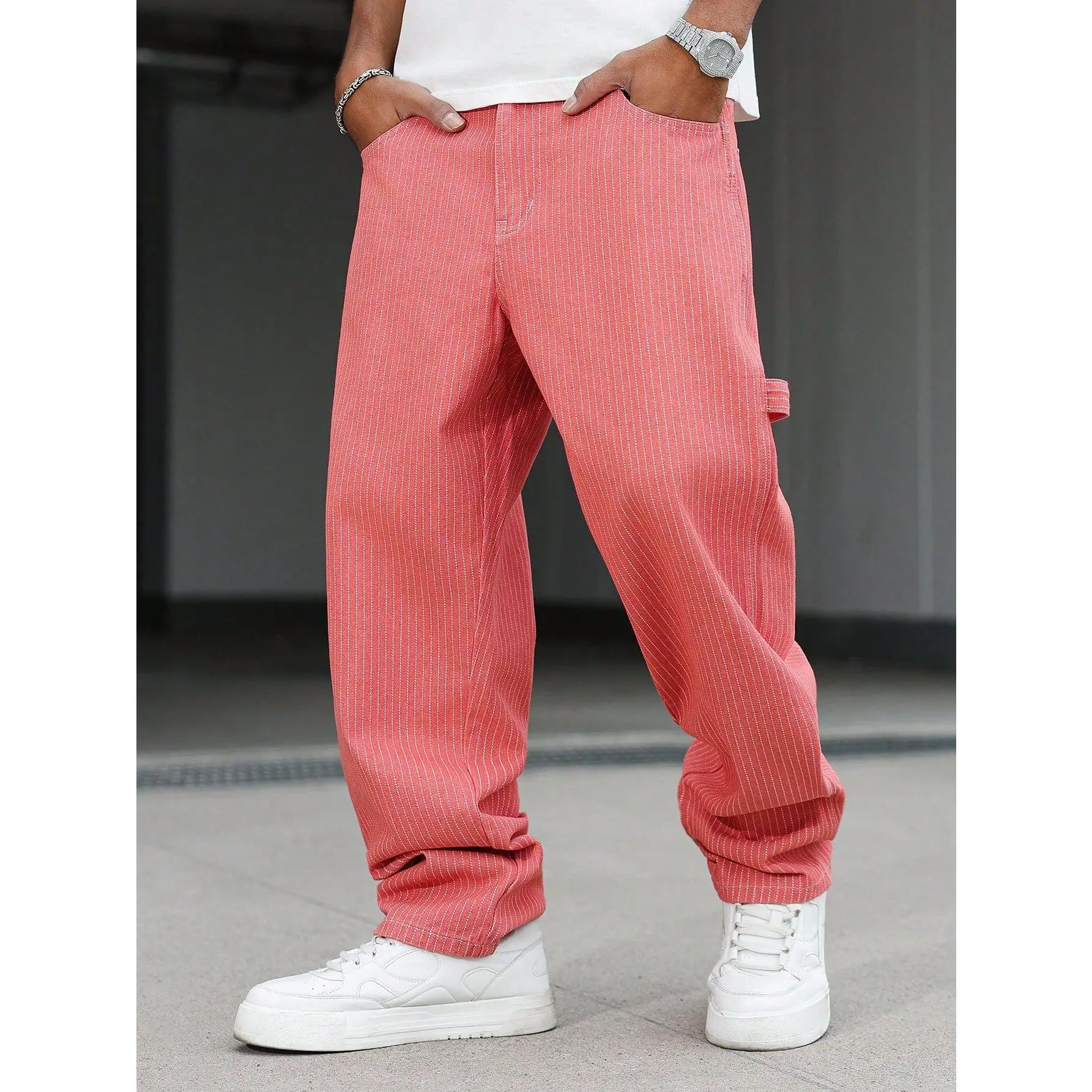 Men Red Pinstripe Carpenter Pants, Loose Wide Leg Striped Workwear Trousers, Multi‑Pocket Utility Cargo Denim Pants, Retro Y2K Streetwear Baggy Pants For Hip‑Hop Style, Skateboarding, Urban Daily & Weekend Street Outfits