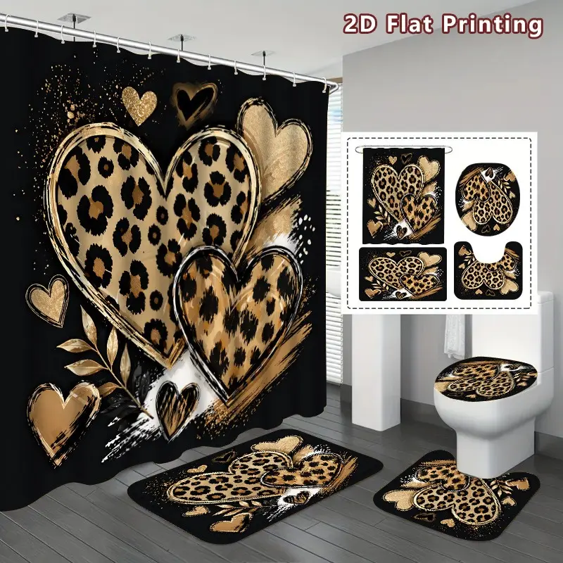 4pcs Luxury Leopard Print Shower Curtain & Bath Mat Set – Black & Gold Pattern, Includes Toilet Cover, U-Shaped Mat & 12 Hooks, Modern Bathroom Accessories