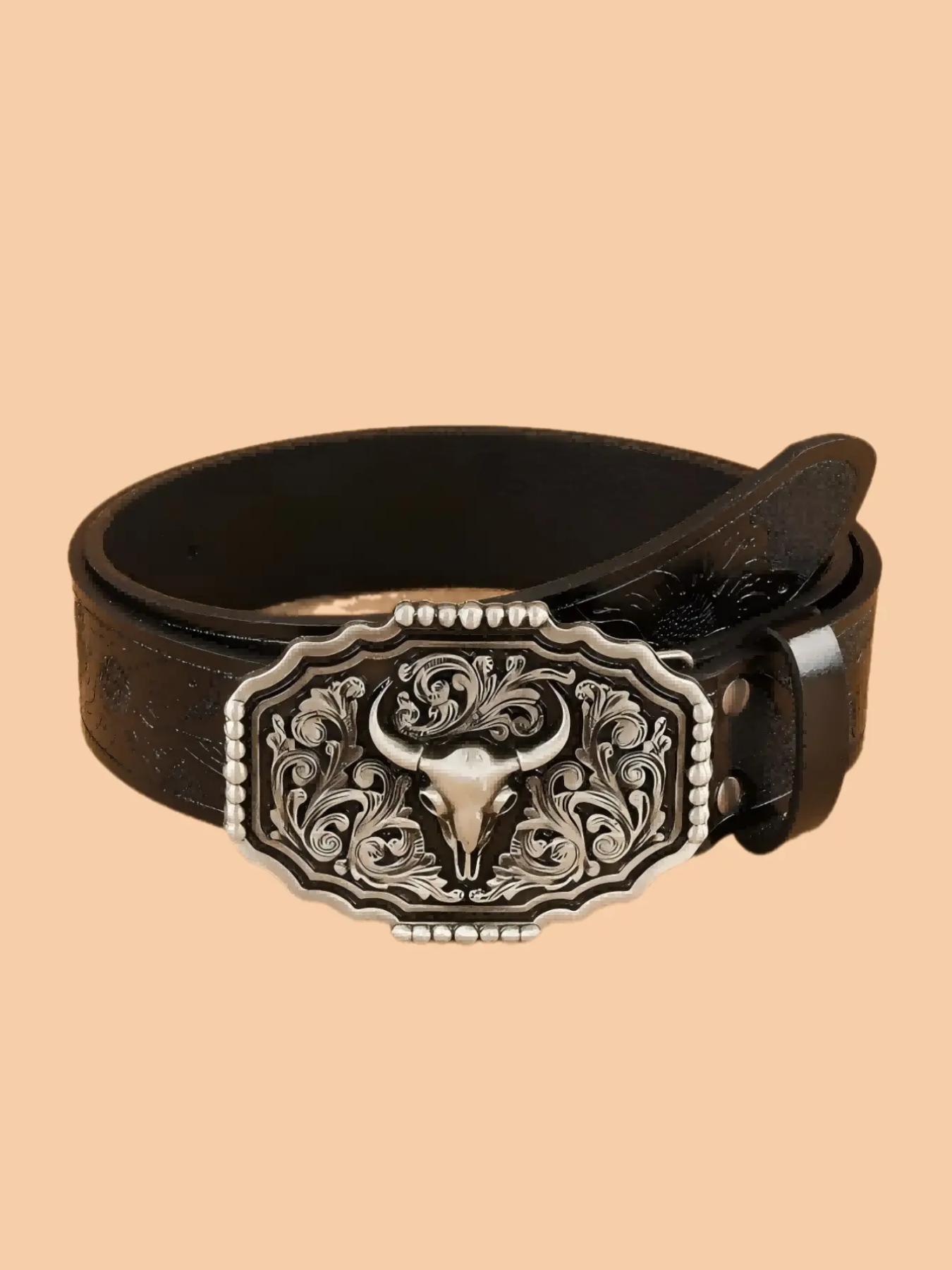 Boho Style Vintage Western Belt, Fashionable Ethnic Pattern Embossed Belt Buckle for Women & Men, Trendy All-match & Exquisite Belt for Birthday Gift