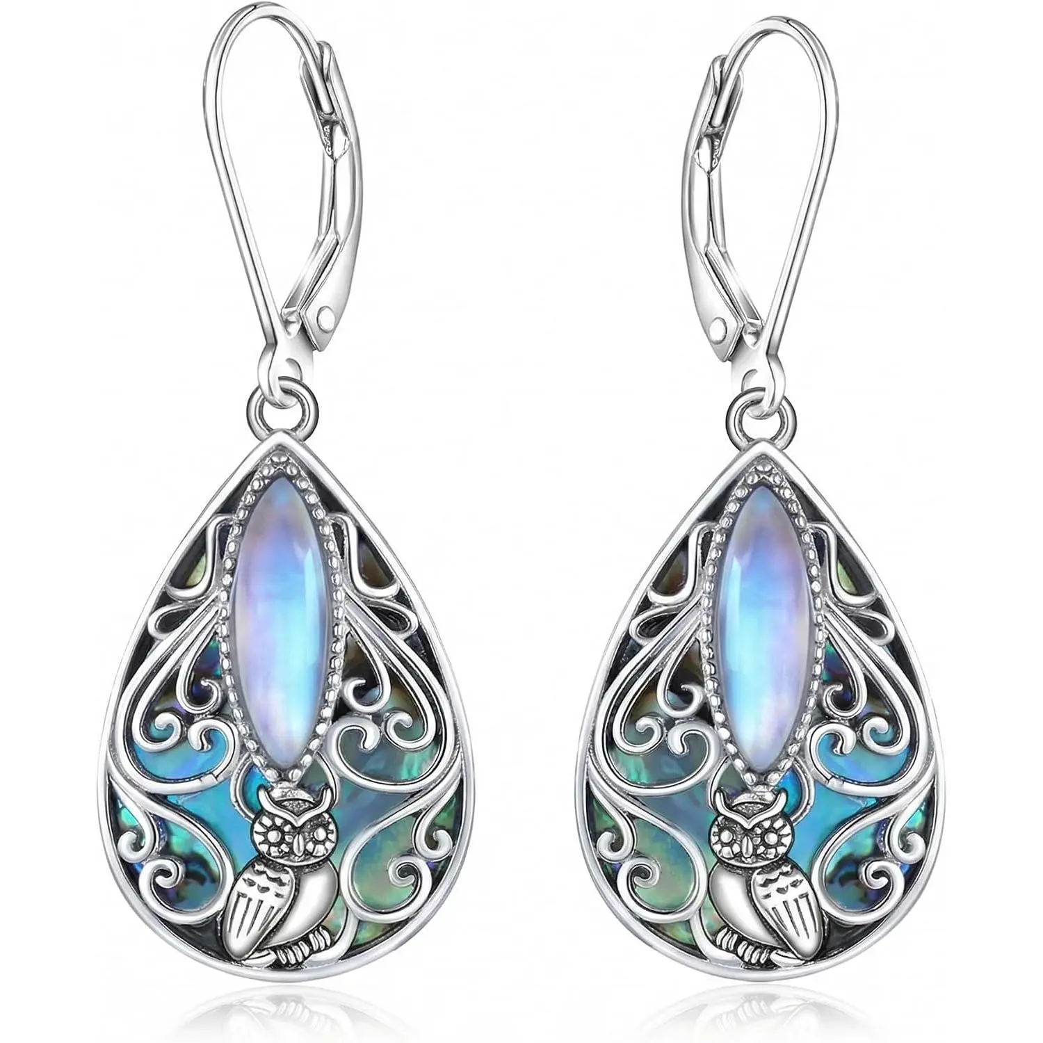 Owl Earrings S925 Sterling Silver Filigree Owl Dangle Earrings Abalone Shell Filigree Jewelry Gifts for Women