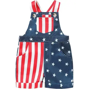 4th of July Unisex Baby Girl Boy Bib Overalls American Flag Romper Strap Jumpsuits Pocket Shorts Patriotic Outfit
