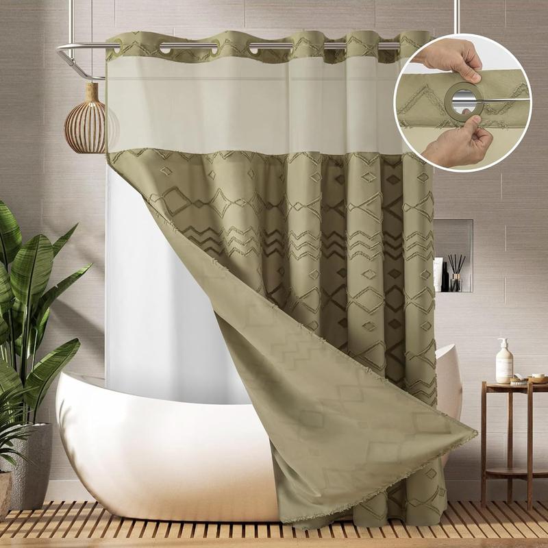 No Hook Shower Curtain with Snap in Liner SimpleStyle Double Layer Waterproof Inner Liner White Cloth 72x75 Inch Machine Washable Easy Care Dark Brown