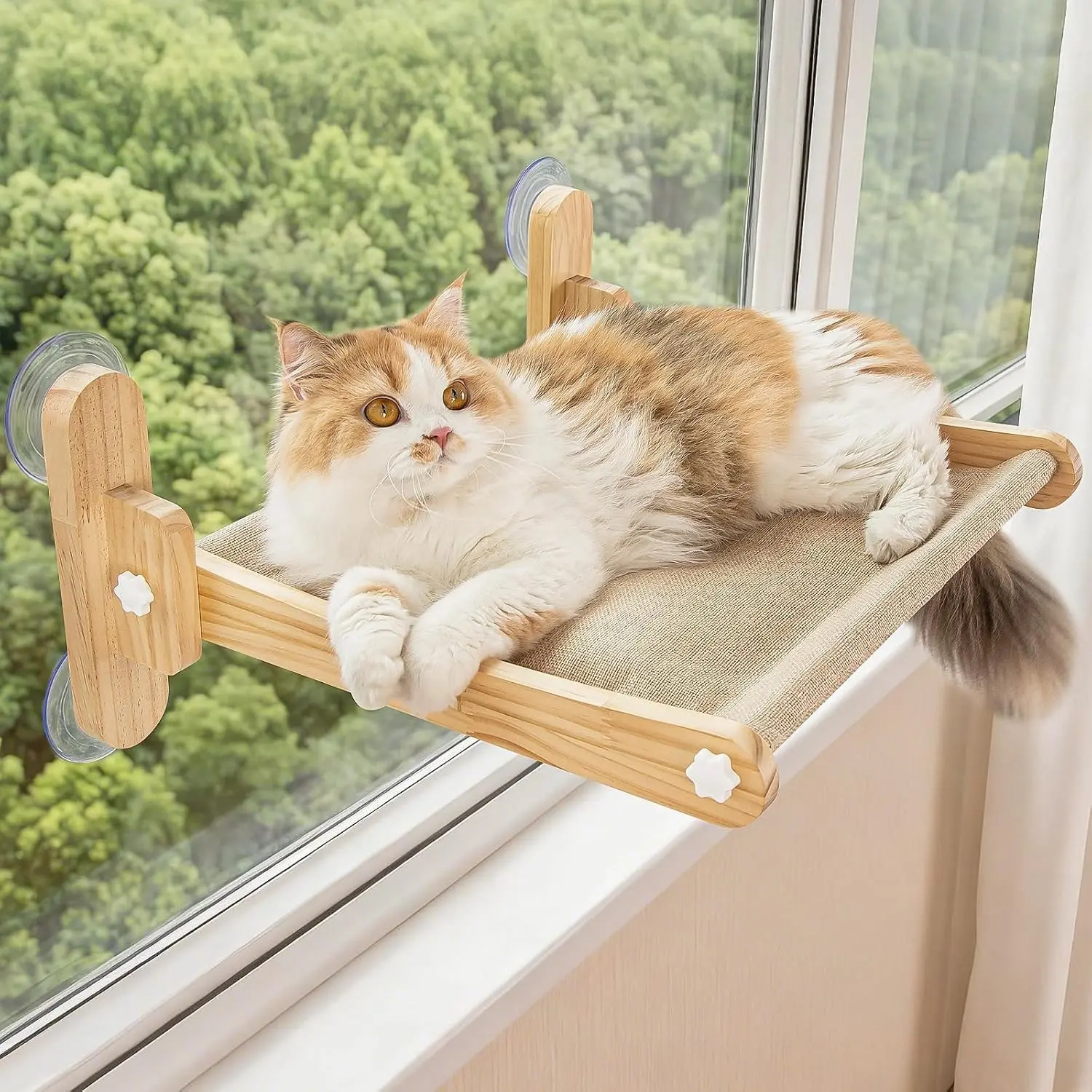Cat Window Perch, 100% Natural Pine Foldable Cat Window Seat, Cordless Safety Design with 50LBS Weight Capacity, No Drilling Easy Installation for Indoor Cats & Home Decor