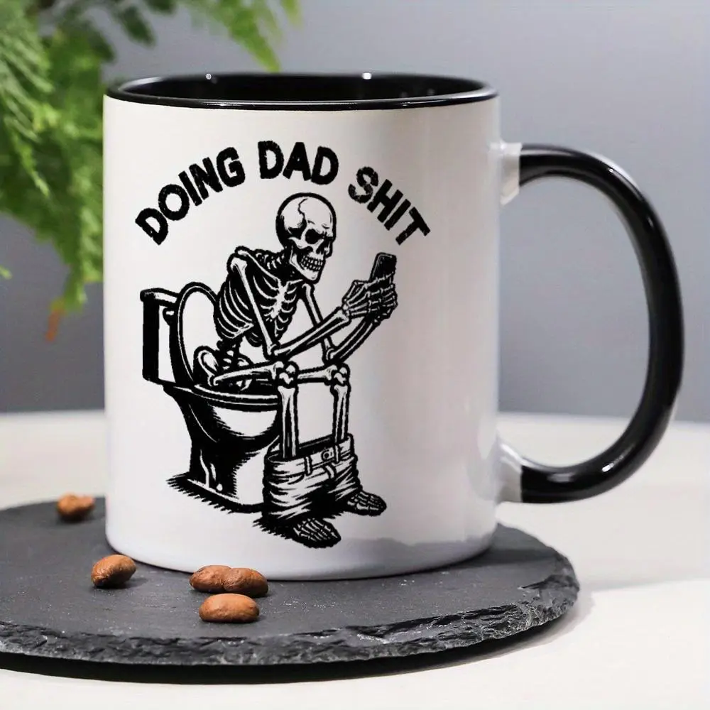 Funny Skeleton "Doing Dad Things" Coffee Mug |   11oz White Ceramic Cup with Black Handle & Rim, Holiday Gift for Birthday Halloween Christmas