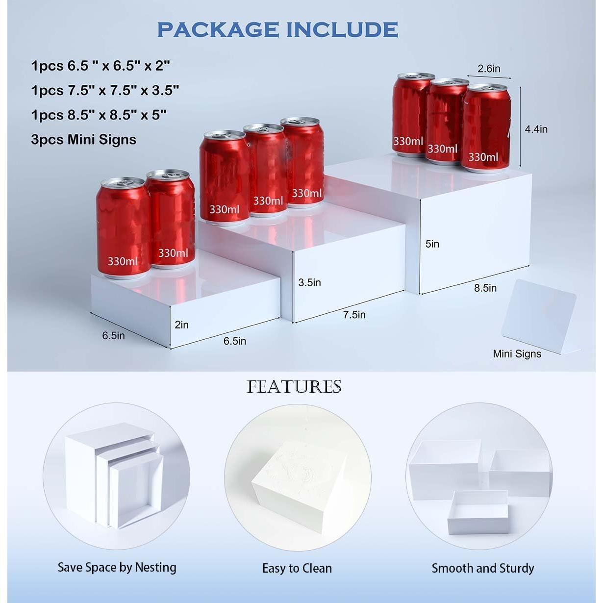 3 count Buffet Risers,Dessert table display set, Catering supplies buffet display, risers display stands, White  Cube Boxes Nesting Risers with Hollow Bottoms - 1 Set (6.5", 7.5", 8.5")