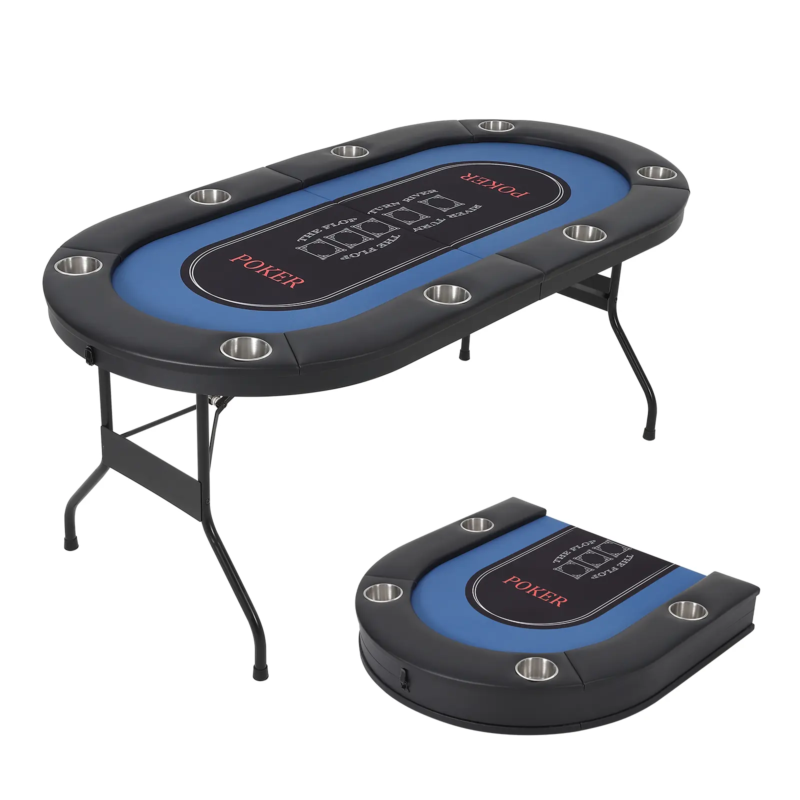 Collapsible 8 Player Poker Table – No Assembly Needed, Deep Cup Holders, Padded Armrest – Portable Texas Holdem & Blackjack Card Table for Home Casino Nights – Black Edge Blue Base