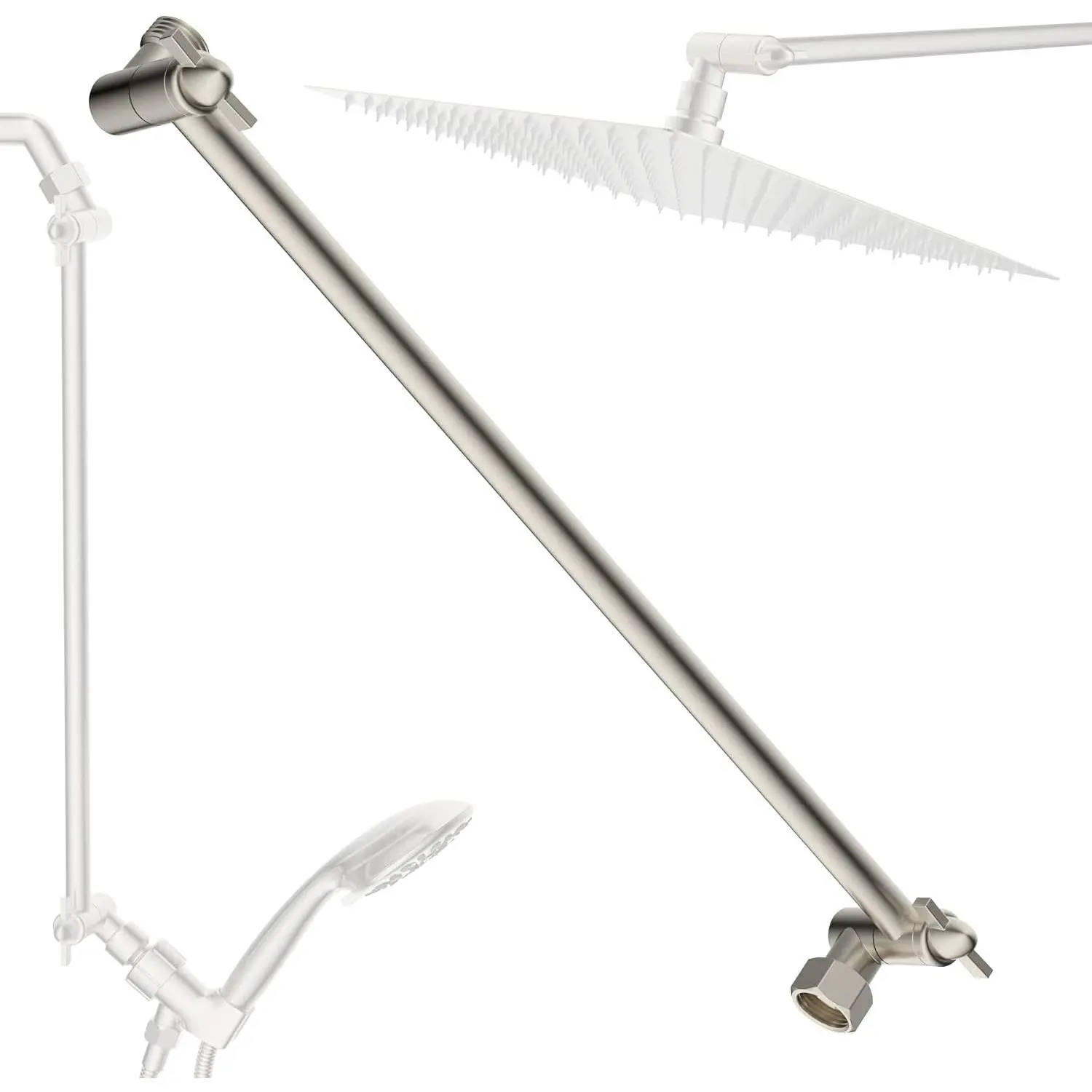 16 Inch Solid Brass Adjustable Shower  Extension Arm, Extra Long Shower Extension Arm with Lock Joints, Flexible Height & Angle Shower Arm Extender  Connection, Brushed Nickel