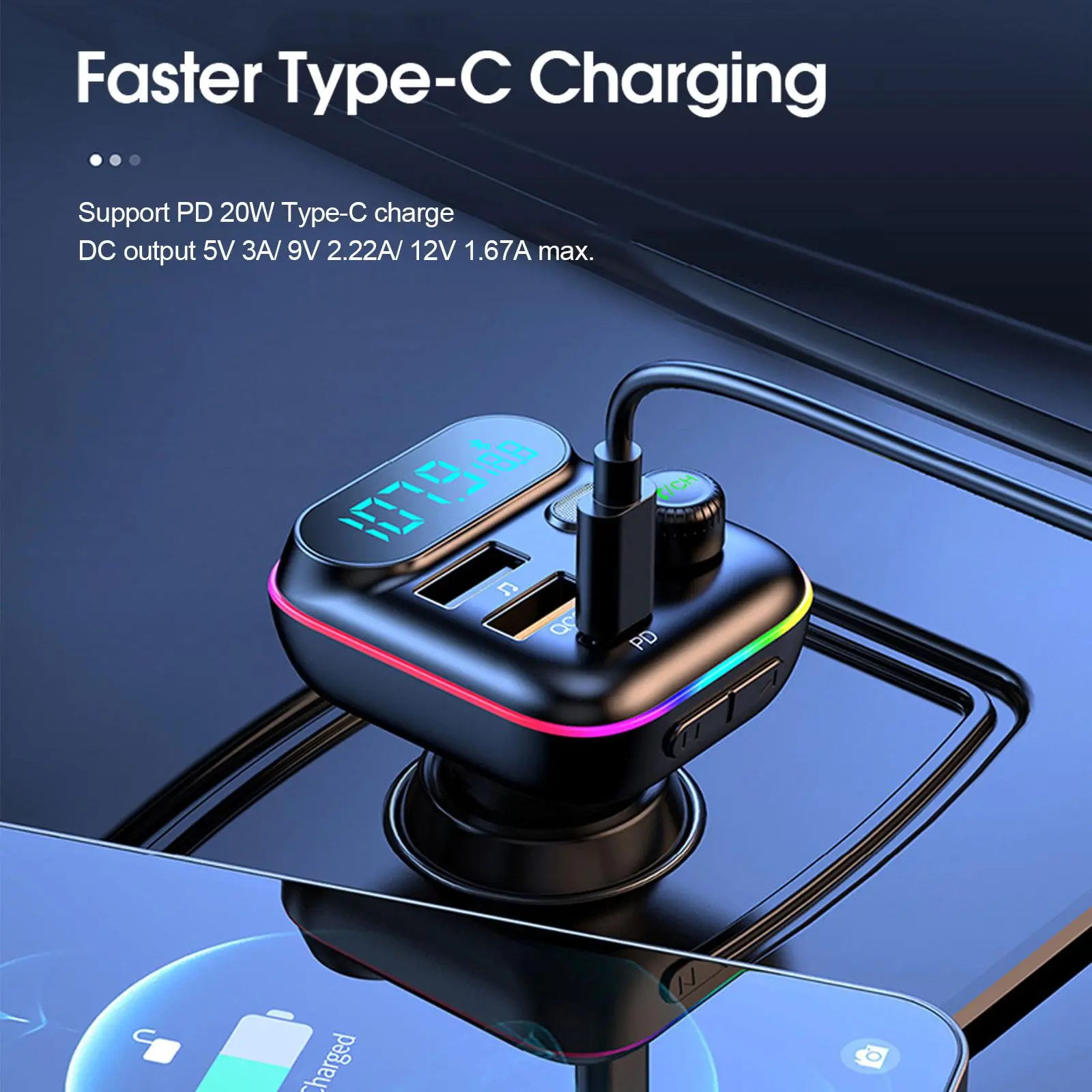 Car PD 18W QC3.0 Fast Charge Bluetooth 5.0 FM Transmitter Dual Player Music Type-C Colorful Ambient MP3 Light Cigarette Lighter