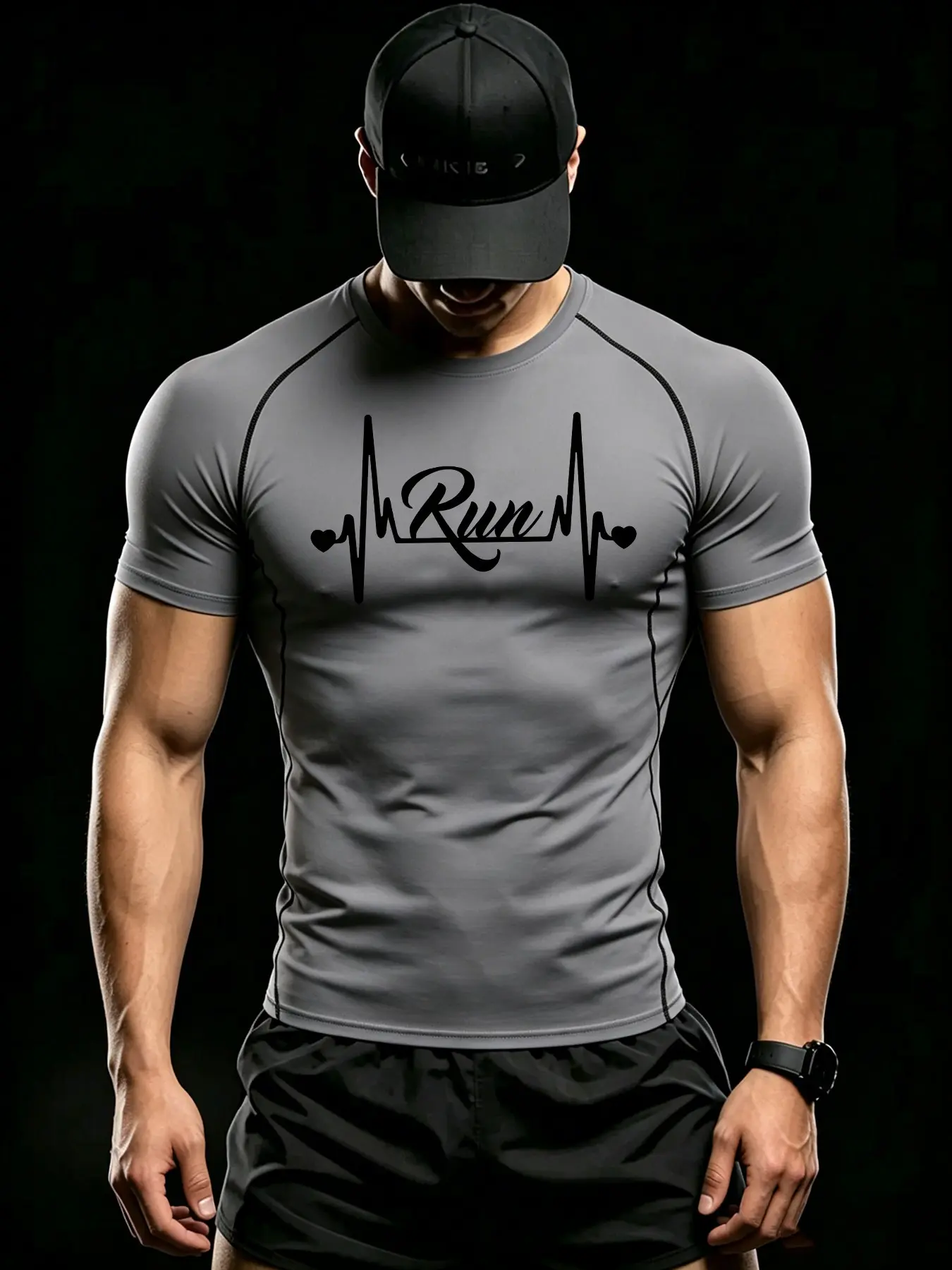 Men's Slim Fit Compression Short Sleeve T Shirt Run Heartbeat Heart Graphic Print Quick Dry Breathable Gym Workout Running Training Athletic Top