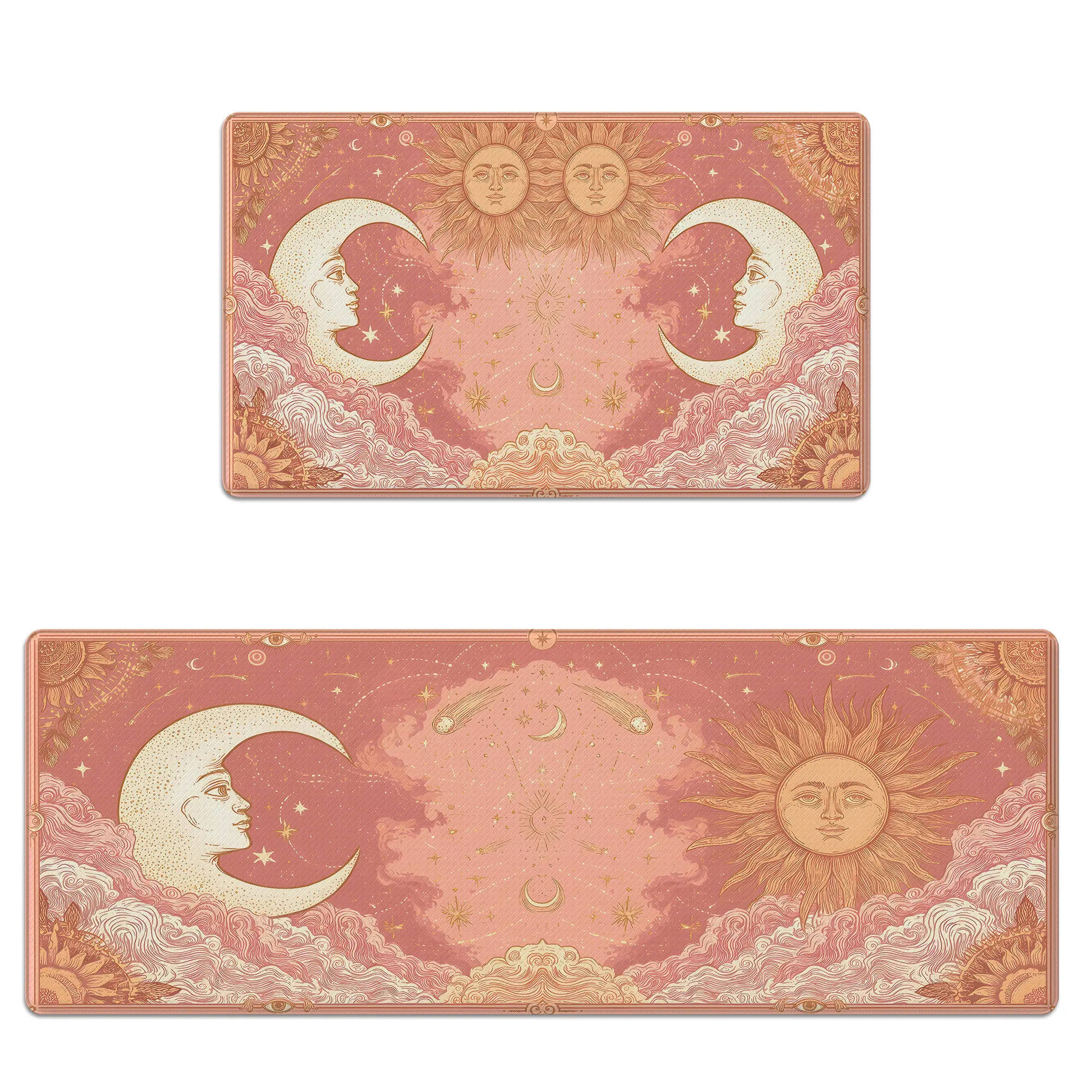 Bohemian Celestial Sun Moon Pattern Pink Kitchen Floor Mats Set - Anti-Fatigue Cushioned Memory Foam, Non-Slip, Scratch-Resistant, Waterproof Rugs for Kitchen Floors