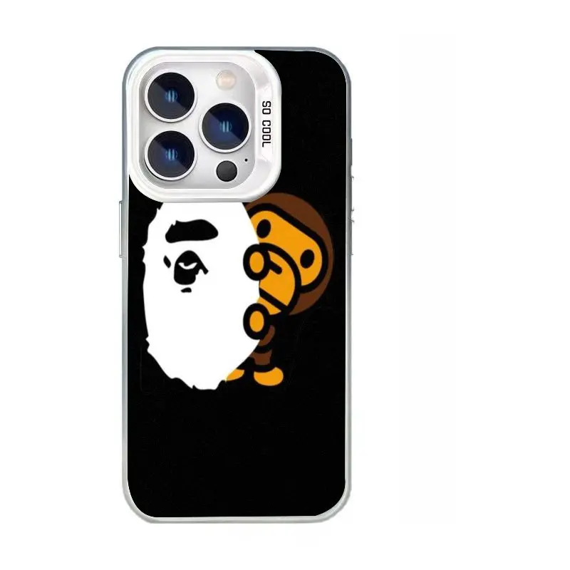 Minimalist-style phone case featuring the BAPE ape motif and an iridescent silver finish; a full-coverage, drop-resistant, and premium-feel protective case suitable for iPhone models 12 through 17—perfect for gifting.