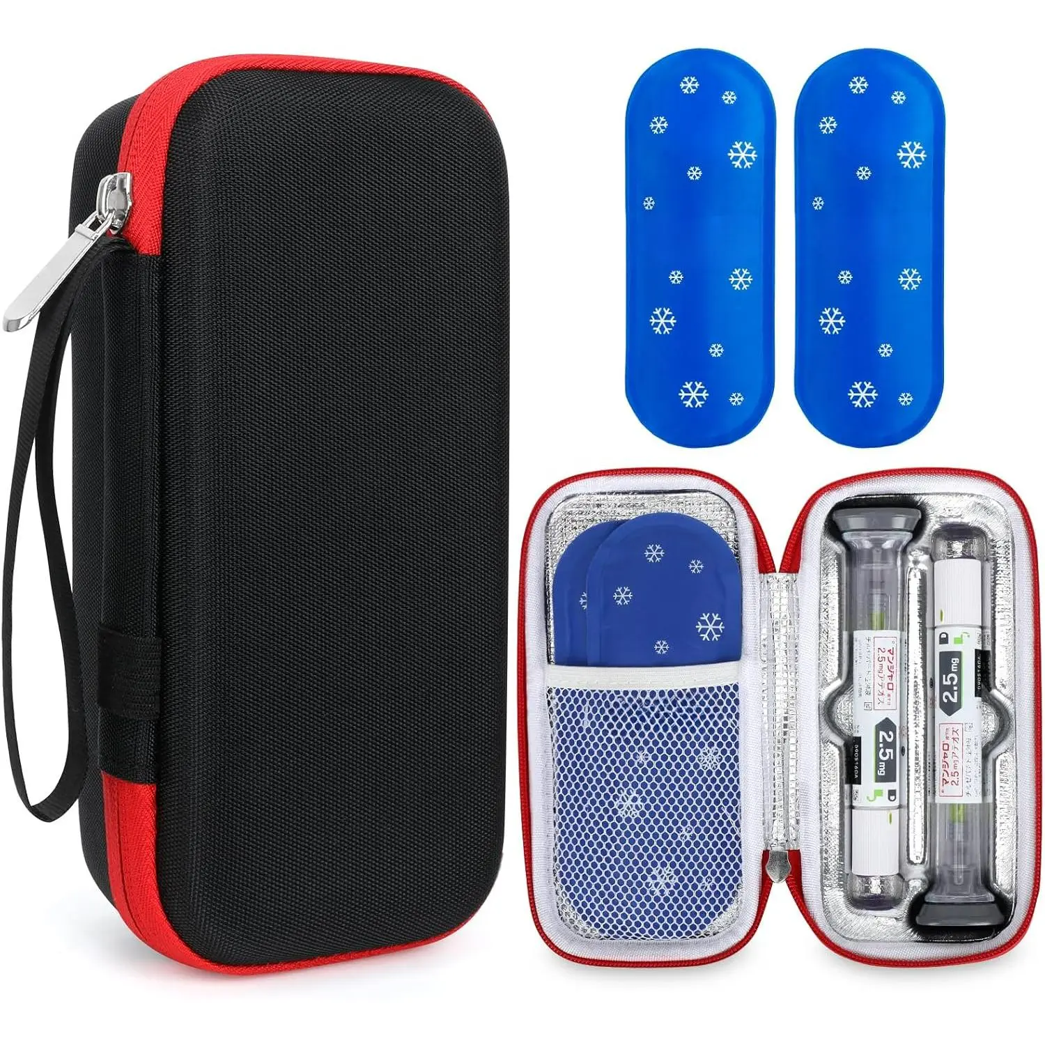 Hard EVA Cooler Travel Storage Case for Mounjaro & Zepbound Pens, TSA Approved, 2 Reusable Ice Packs, 60g, Sturdy Impact-Resist Shell, Compact, Carry Handle, Temperature-Maintaining, Injector Bump Protection, Zipper Seal, Mesh Pocket Access, Molded Slots