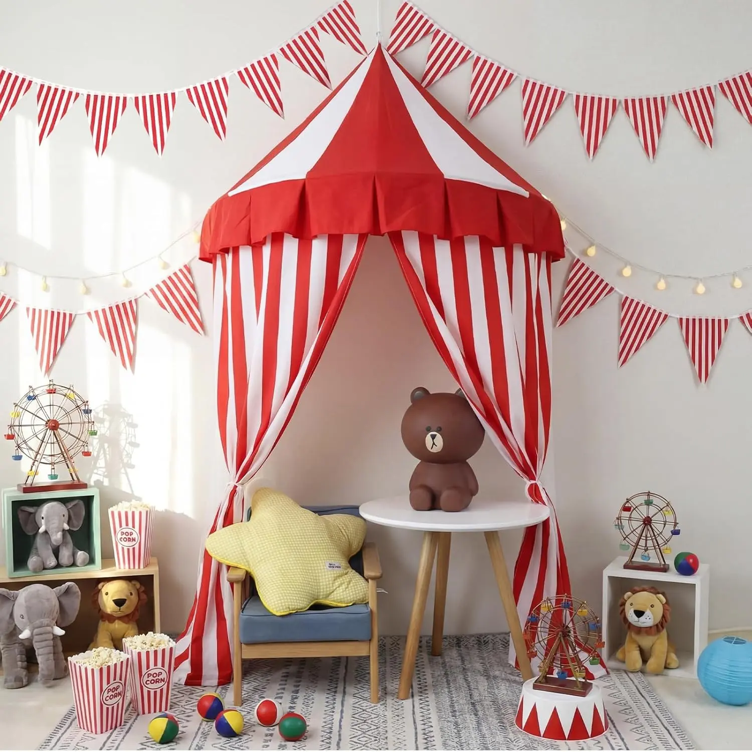 4 Pcs 6 x 3 ft Carnival Circus Tent Decor Backdrop Red and White Indoor Reading Nook Hanging Party Decoration Canopy for Home Outdoor Circus Festive Birthday Candy Theme Party Photography
