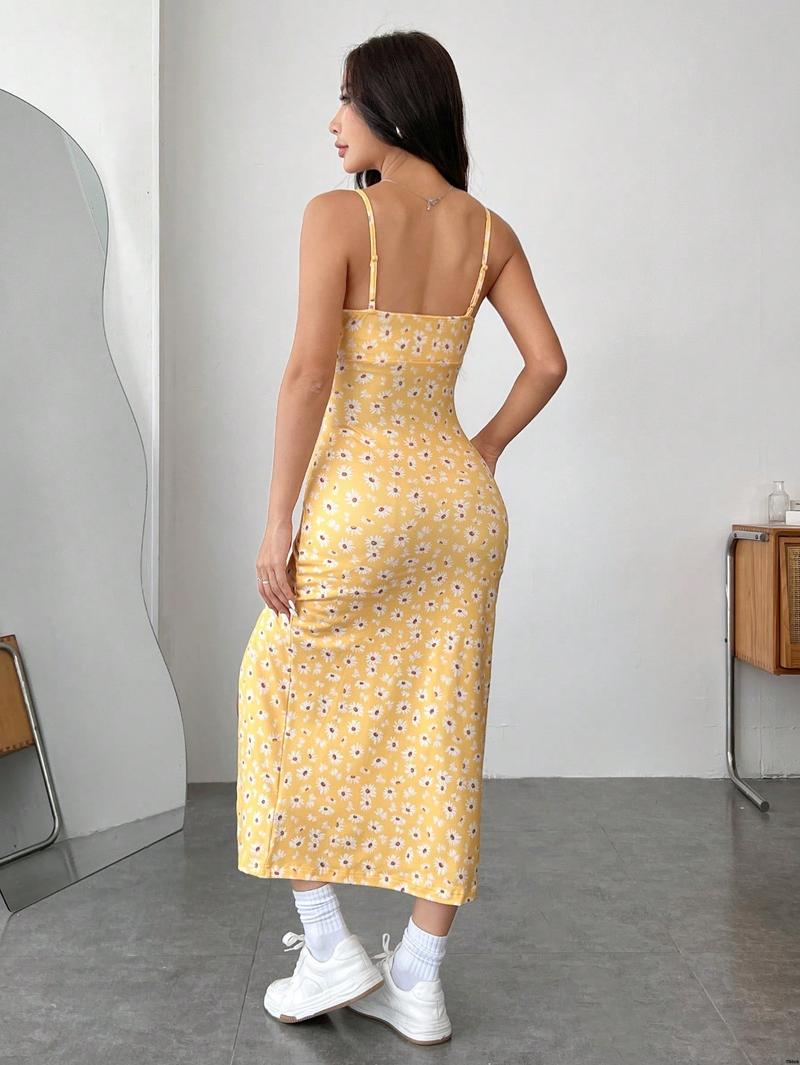 Pastel Dresses Summer Slit Strap Spaghetti Knit EZwear tiktok Printed Hem Vacation Dress For Women