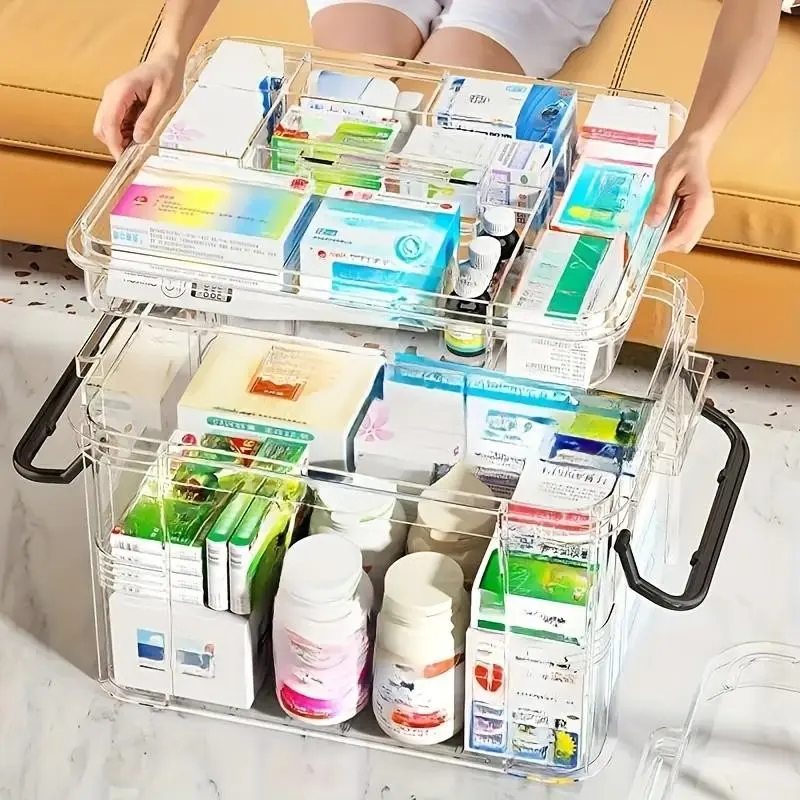 Portable Pill Organizer with Handle, Transparent Multi-Layer Medicine Box, Home Travel Daily Vitamin Storage Kit, Easy-To-Use Design