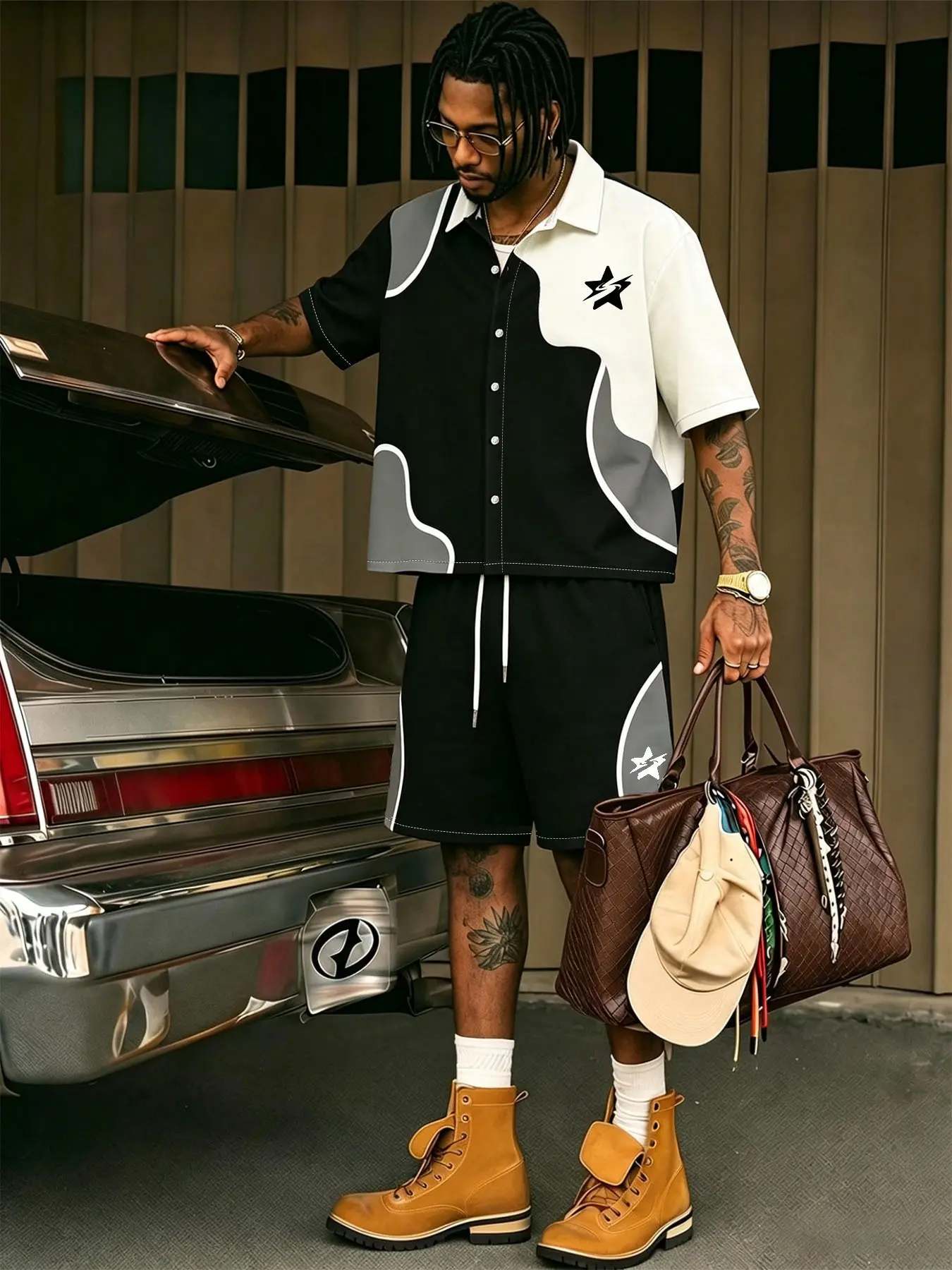 This set includes a short-sleeved shirt and drawstring shorts in soft tones; it embodies American streetwear style while exuding a light, summery vibe, making it suitable for year-round wear.
