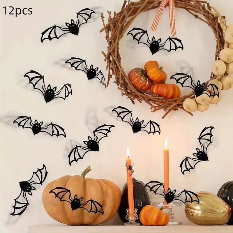 12pcs 3D Bat Wall Stickers, Halloween Decorations, PVC Material, No Power Needed, Perfect for Bedroom & Living Room, Easy Installation