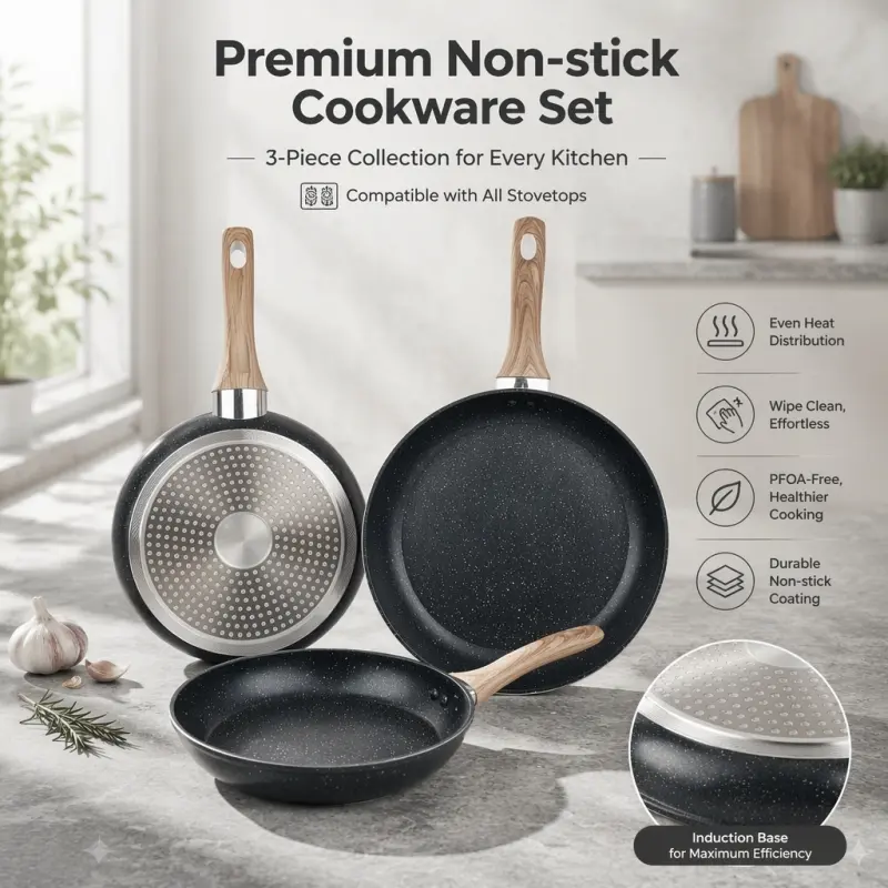 3-Piece Non-Stick Frying Pan Set. Equipped with wooden handles and compatible with all cooktops for convenient cooking, Nonstick Cookware Set Pans Cookware Set