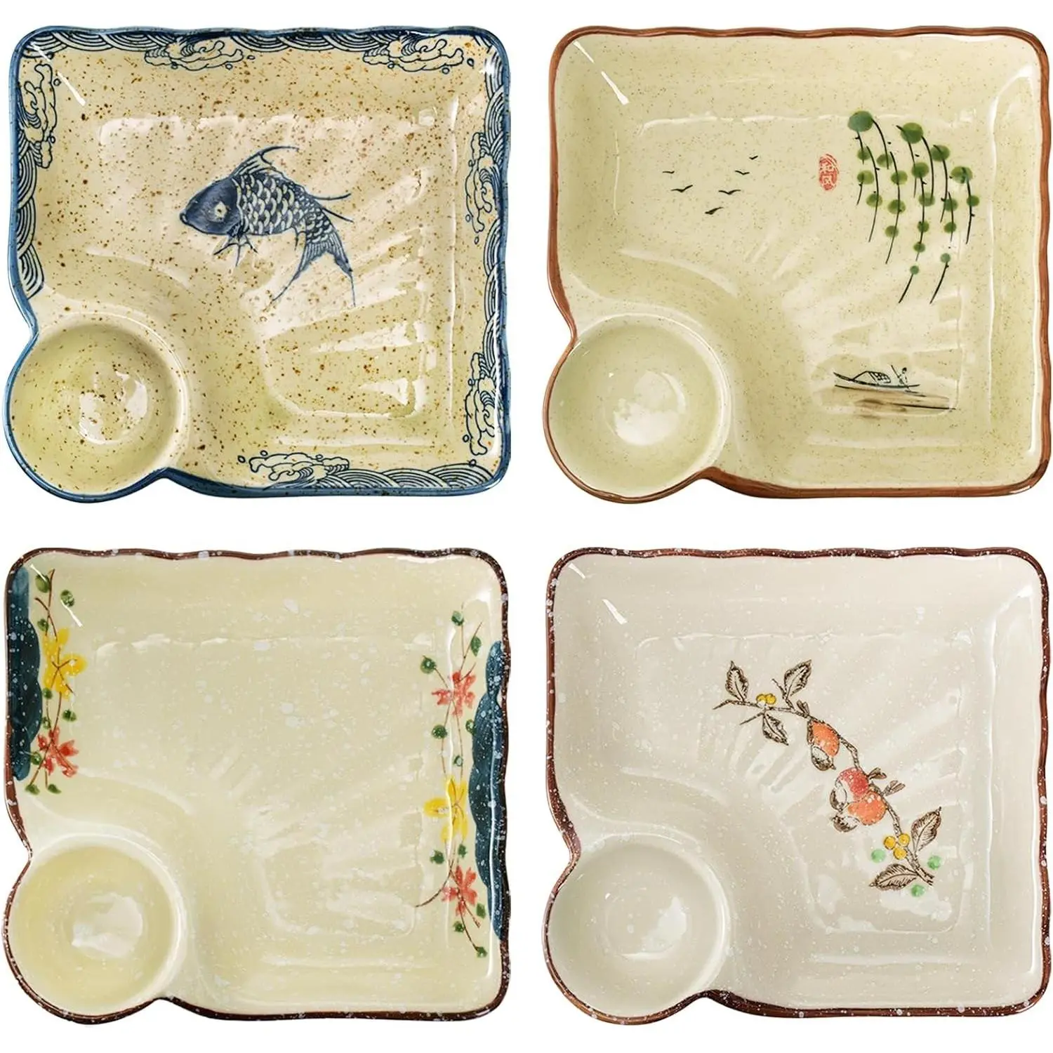 4 Pack Ceramic Dumpling Plate with Dipping Saucer, 7.3 Inch Japanese Sushi Platter, Chip and Dip Plate, Divided Snack Serving Dish for Appetizer, Charcuterie, Dessert, Salad, Entertainment