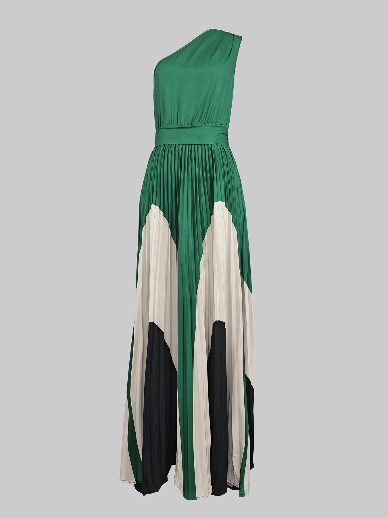 Women's Colorblock  One Shoulder Dress, Elegant  Long Dress for Party Holiday Wedding Guest, Ladies Clothes for All Seasons