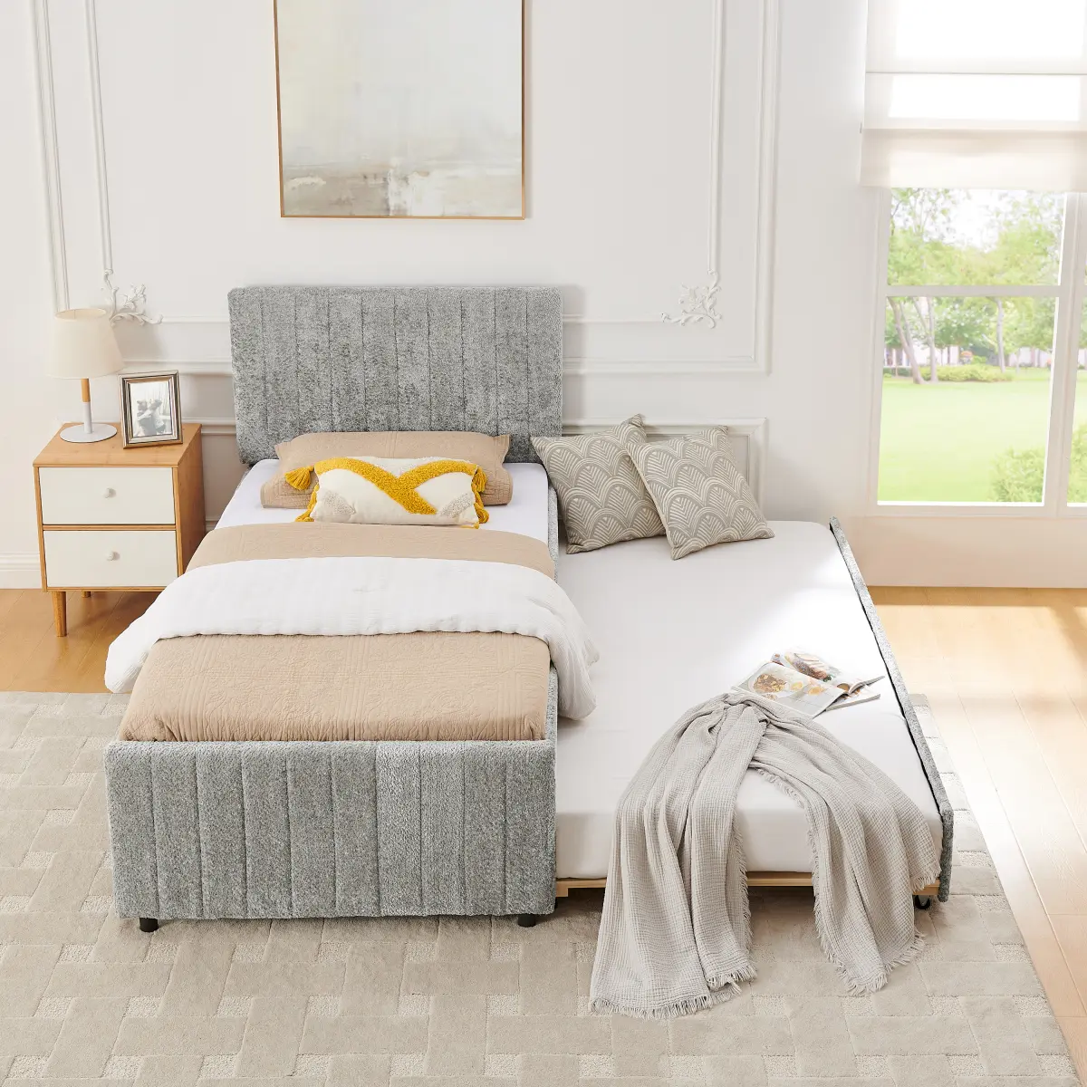 Twin Bed with Trundle, Upholstered Platform Bed Frame with Pull Out Trundle, Chenille Bed with High Padded Back, Guest Bed Single to Double for Bedroom, No Box Spring Needed, Grey
