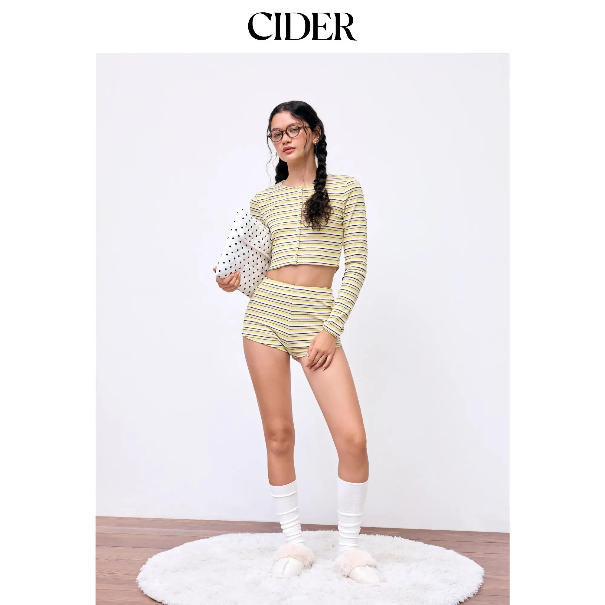 Cider Round Neckline Stripe Long Sleeve Top & Low Rise Shorts Loungewear Set [LIVE FS]