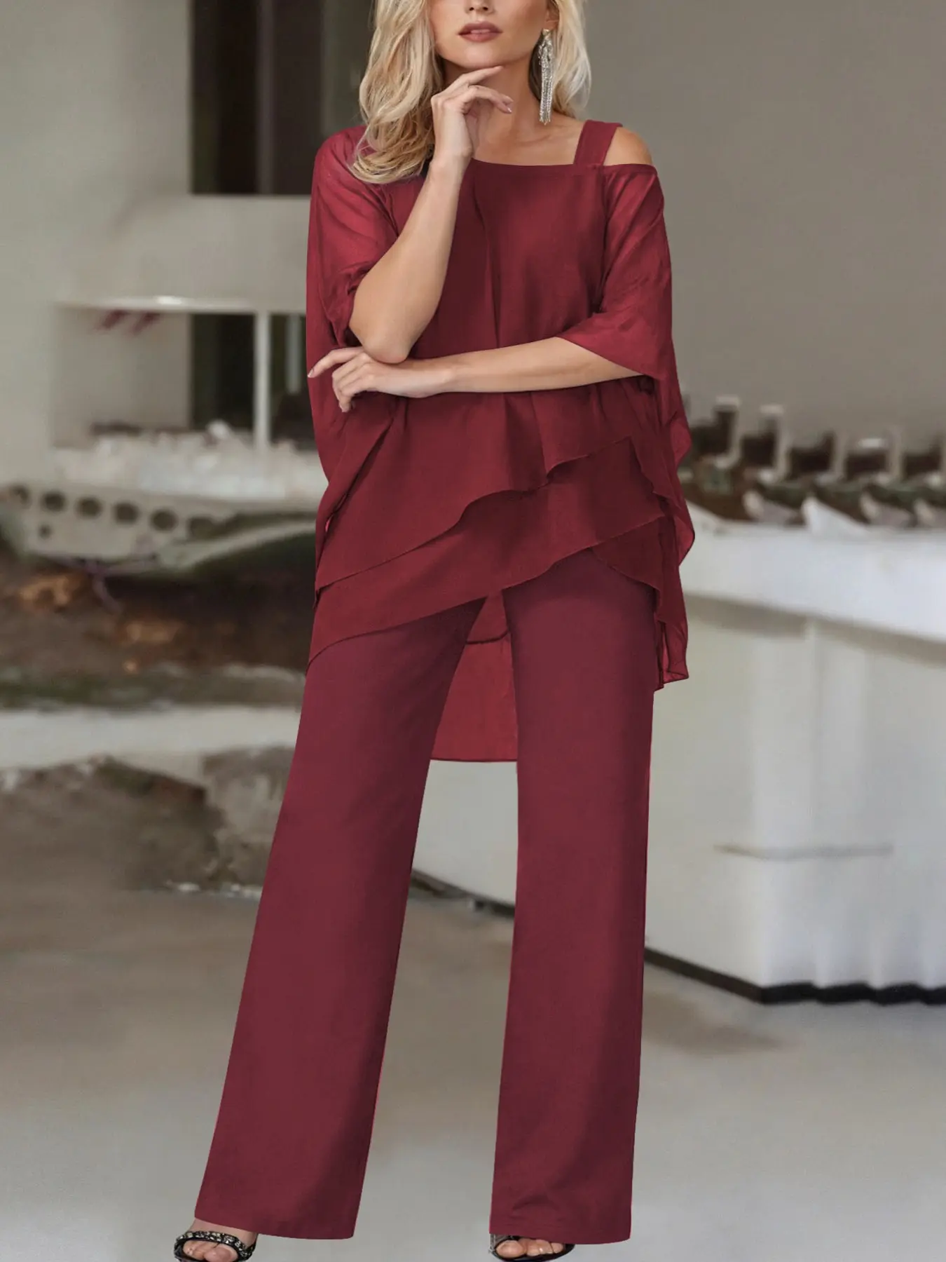 Curvy Plus Size Asymmetrical Shoulder Layered Top & Straight Trouser Matching Set, Flowy Silhouette Conceal Midsection & Thick Hips, Relax Casual Two Piece Suit For Shopping Dinner Holiday Everyday Summer Wear