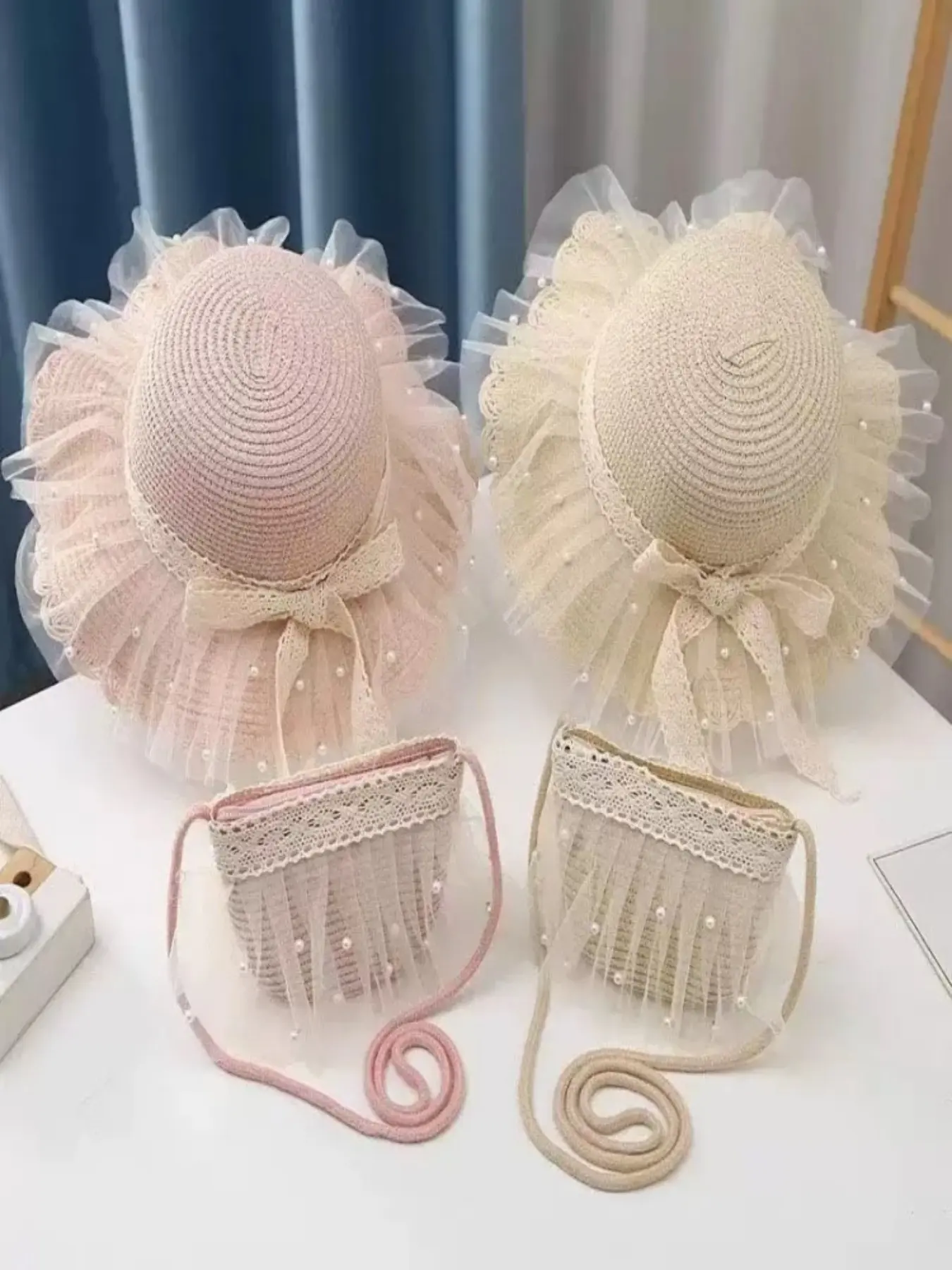 Dmk Elegant Beach Hat and Bag Set, Pearl Lace Bowler Hat + Pearl Lace Bag, Perfect for Summer Outings, Stylish and Chic Accessories