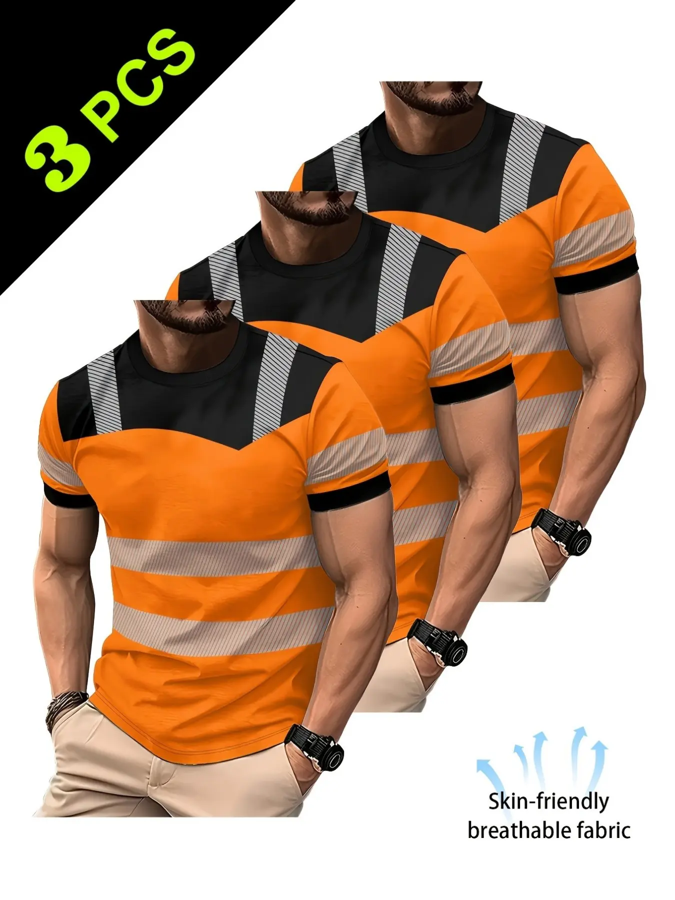 Men's High Visibility Reflective Safety T-Shirt 3-Pack, Breathable Short Sleeve Workwear, Ideal for Construction and Road Engineering