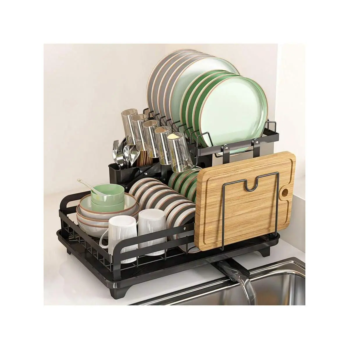 Stainless Steel 2-Tier Metal Dish Drying Rack for Kitchen Counter - No Installation, Sturdy, with Drain Board, Multifunctional Storage for Apartment Users, Medium Size Home Organizer