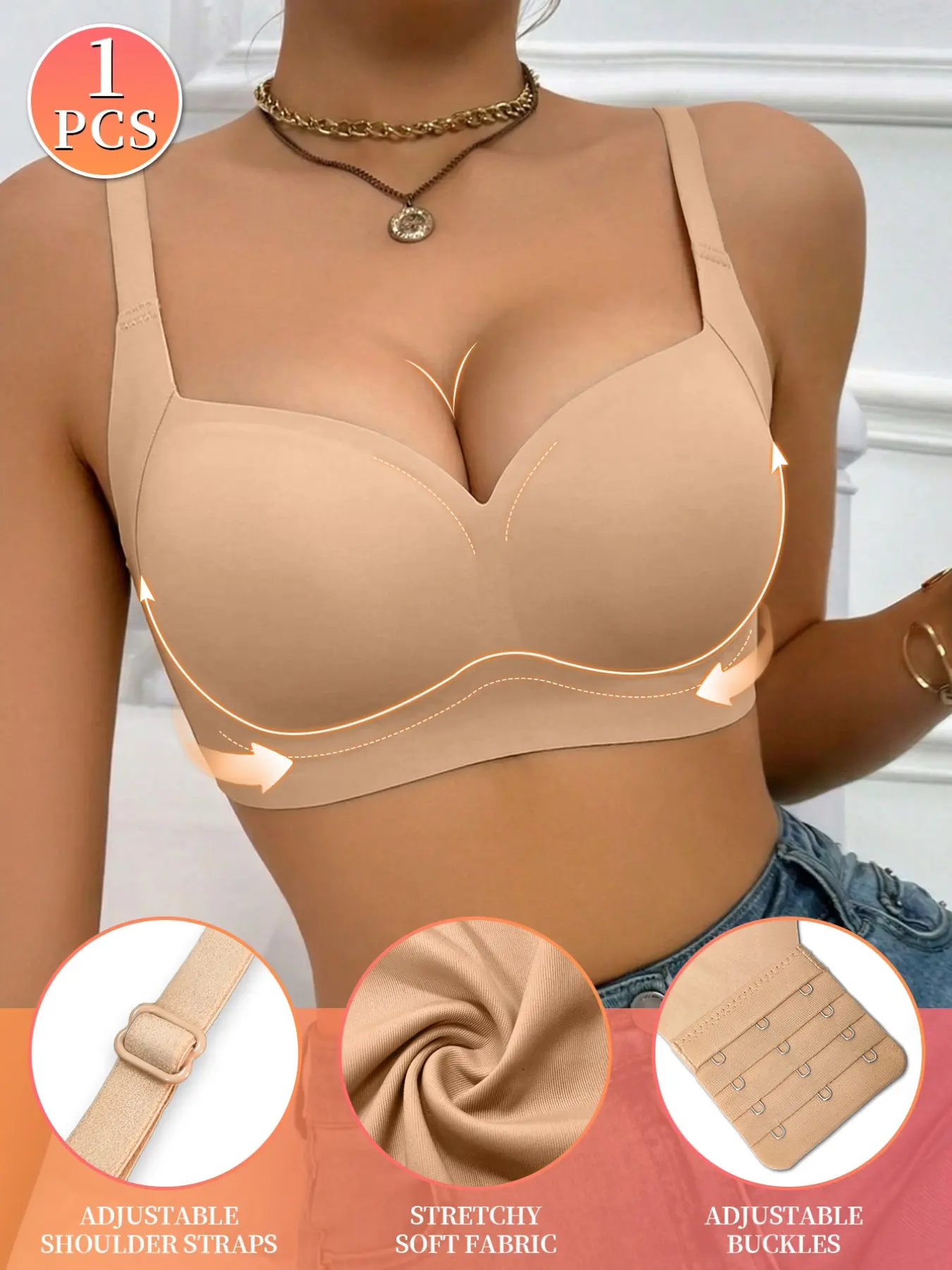 Seamless Jelly Strip Push Up Bra For Women, Wire Free Soft Support Natural Lift Anti Sagging Bra, U Shape Beautiful Back Side Smoothing No Show Bra For Tight Clothes, Casual, No Underwire Bras, Non Wired Bra