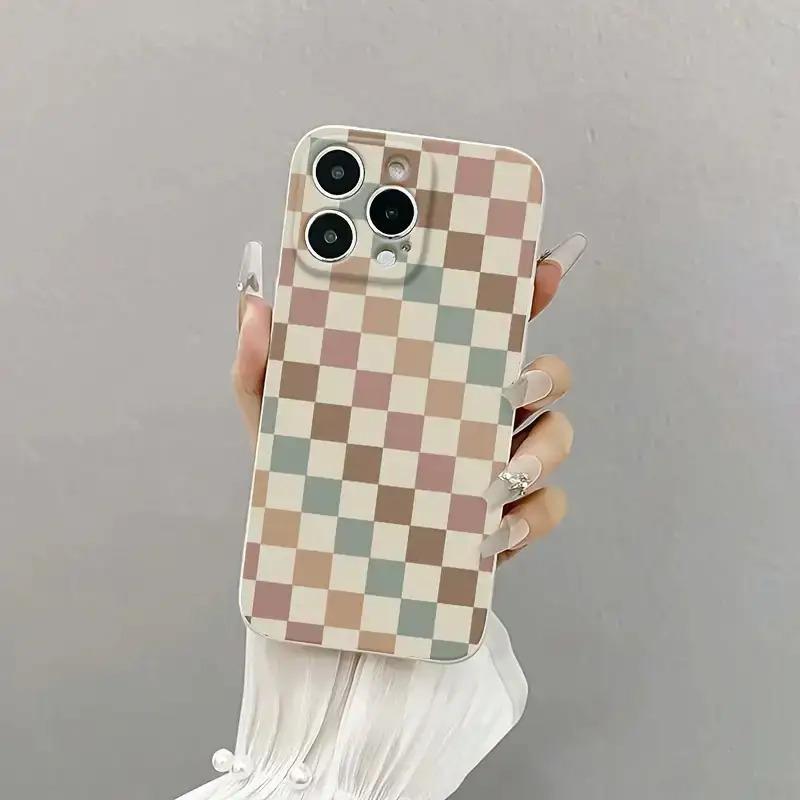 Vintage White Checkered Anti-drop Full Coverage Precision Protective Case for Apple iPhone 17 Pro Max 17 Air 16 Plus 15 14 13 12 11 Xs with TPU Material Shockproof Fashionable Cover Reinforced Edges Durable Casing.HMF42