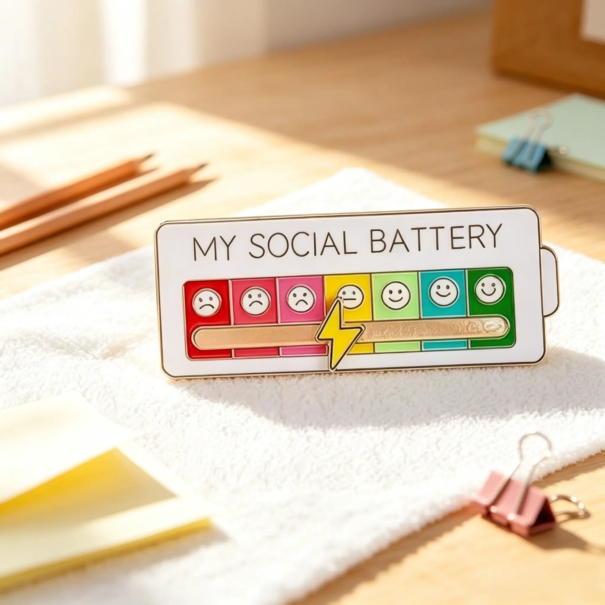 Unisex Novelty Enamel Pin - Interactive Social Battery Slider, Funny Mood Icon Accessory for Jackets, Backpacks, Introvert Gifts